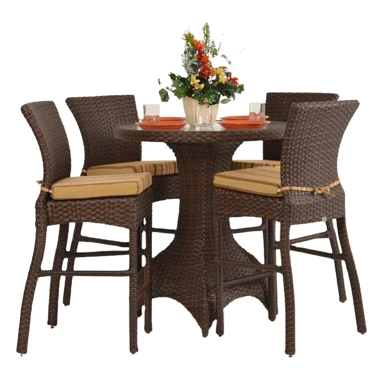 Luxury High Bar Tables And Chairs Plastic Rattan Restaurant Dinning Set For Outdoor Outdoor Garden Furniture Sets