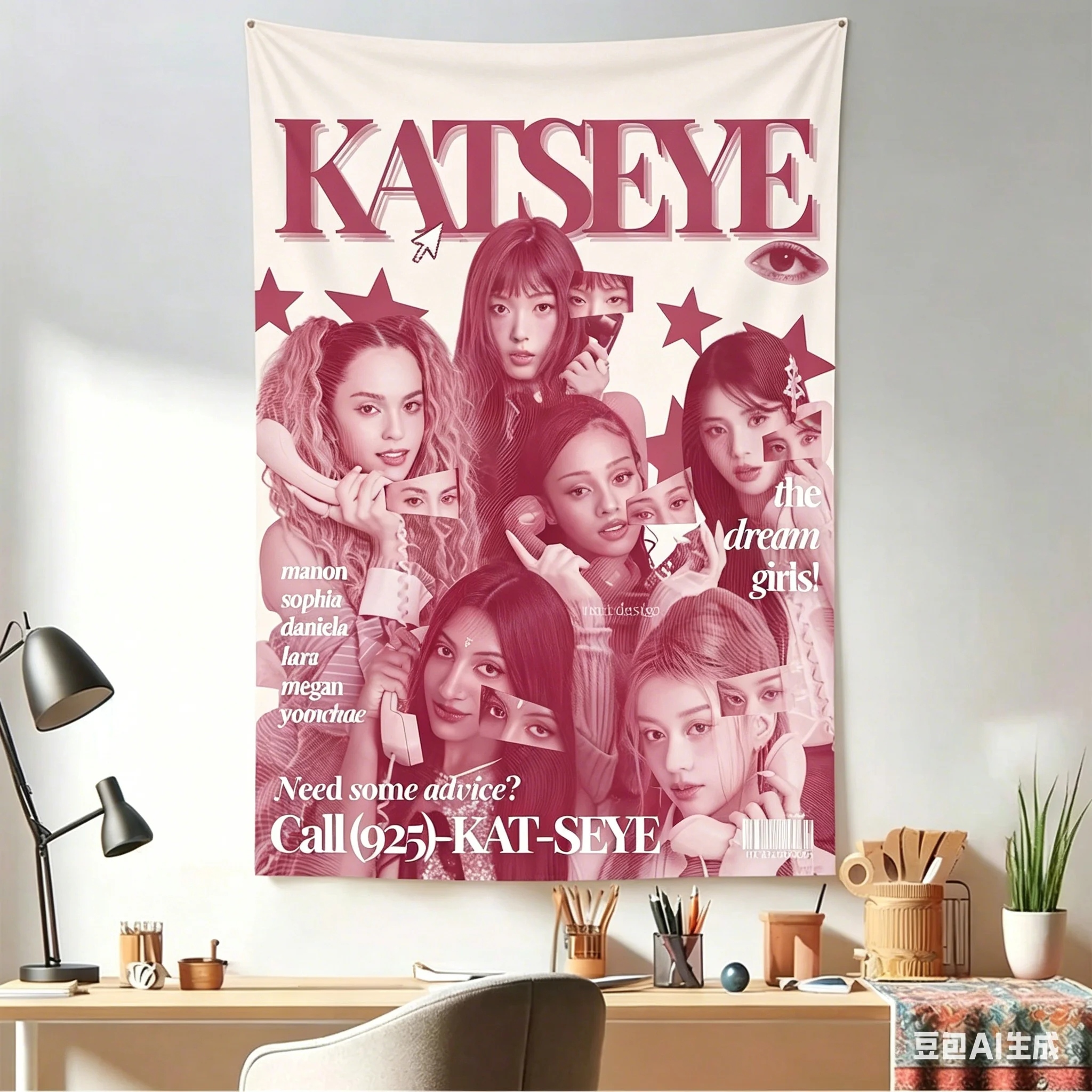 1pc KATSEYE Group Tapestry, Idol Wall Hanging, Cool Room Stuff, Polyester 2D Print, Bedroom Stuff, Fan Collect Room Decoration I