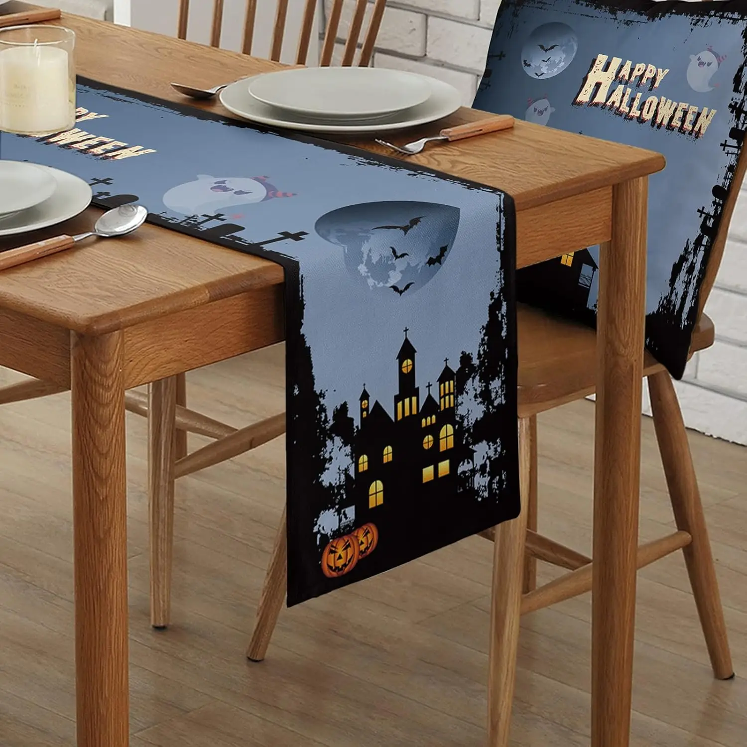 Halloween Pumpkin Castle Linen Table Runners Home Decor Reusable Kitchen Home Dining Table Runners Coffee Party Decorations