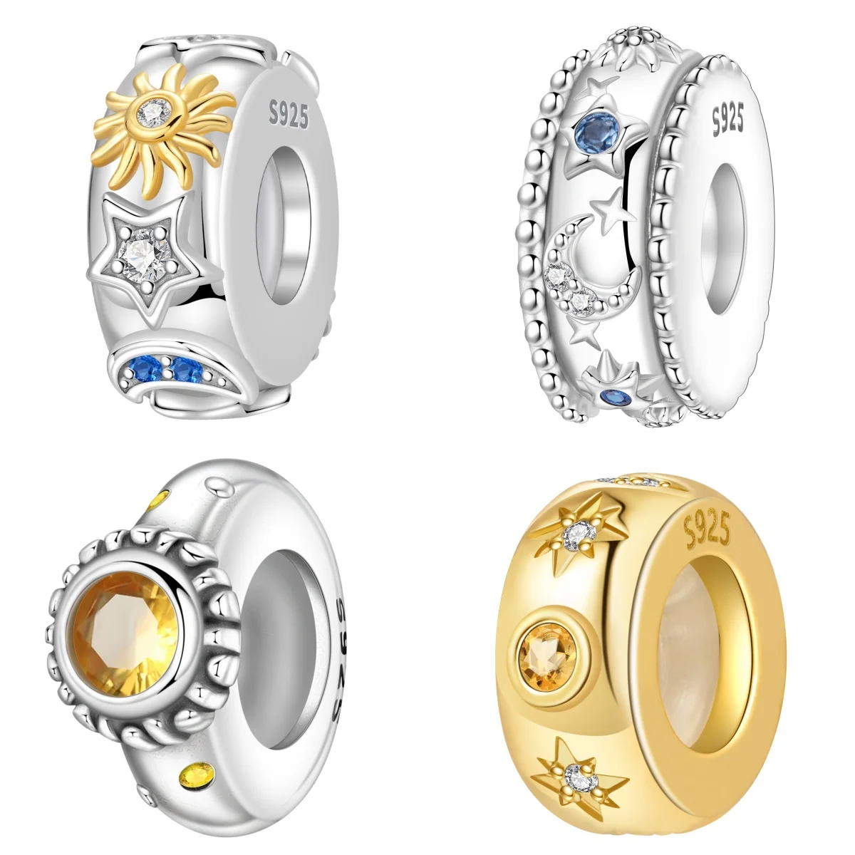 MISEFF S925 Sterling Silber Perlen mit Stern-, Mond- und Sonnenmotiv, Isolationsperlen mit Silikonstoppern, Modeschmuck für Frauen, DIY Schmuckherstellung Geschenk