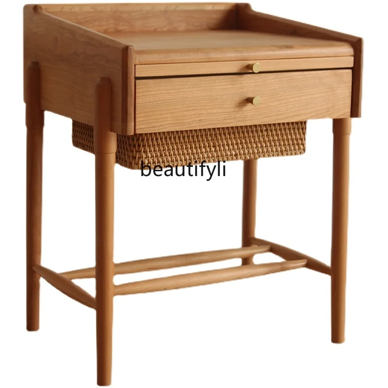 

zqRattan Bedside Table Solid Wood Small Cabinet Japanese Simple Bedroom Bedside Cabinet Log Storage Cabinet