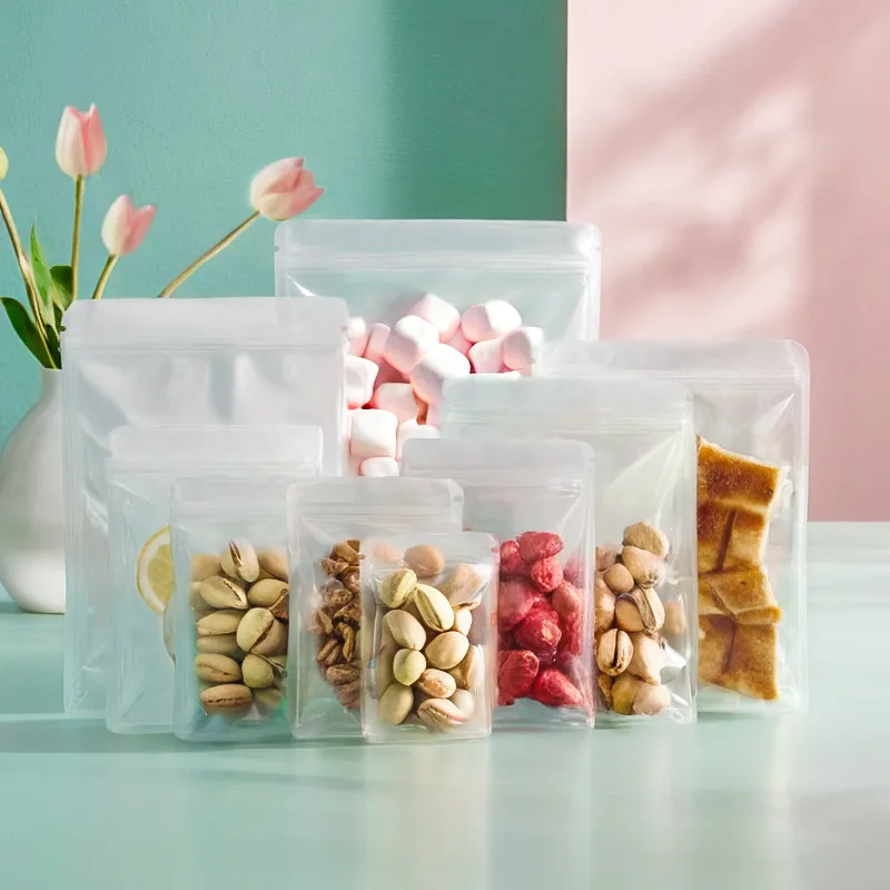 100 Uds. Bolsas Ziplock esmeriladas mate bolsas de almacenamiento de alimentos bolsas de embalaje de aperitivos bolsas organizadoras de cocina resellables