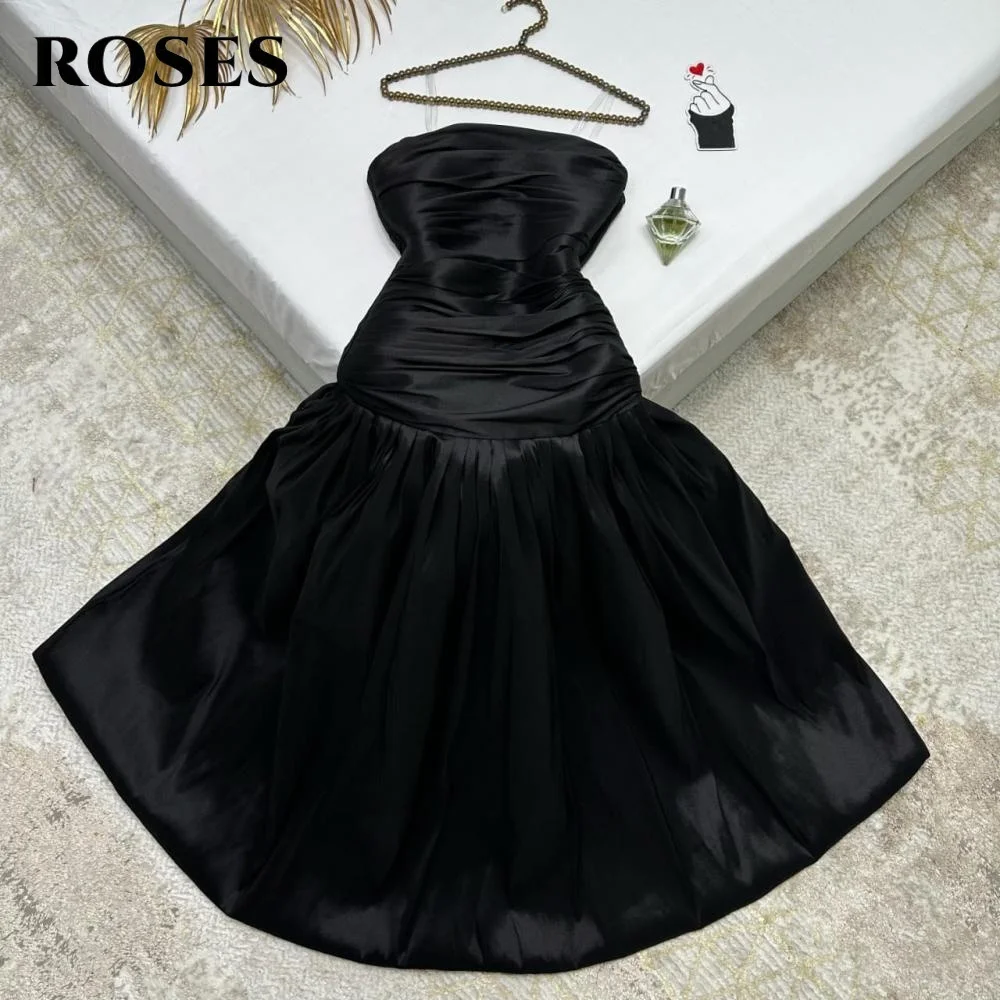 فستان رسمي من الساتان باللون الأسود البسيط من ROSES بطيات على شكل حرف a بدون حمالات وأنيق بدون أكمام من الساتان حسب الطلب #2