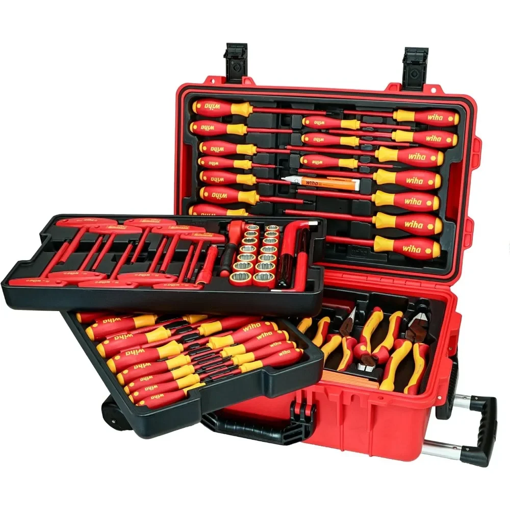 Insulated Tool Set with Screwdrivers Nut Drivers Pliers Cutters Ruler Knife and Sockets in Rolling Tool Case 10,000 Volt Tested