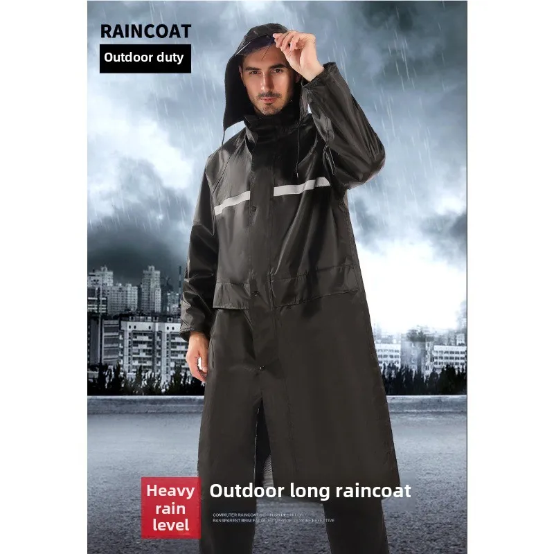 

Unisex Hooded Motorcycle Rider Long Raincoat Black Waterproof With Reflective Strips Heavy Rain Outdoor Riding Commute Duty Wear