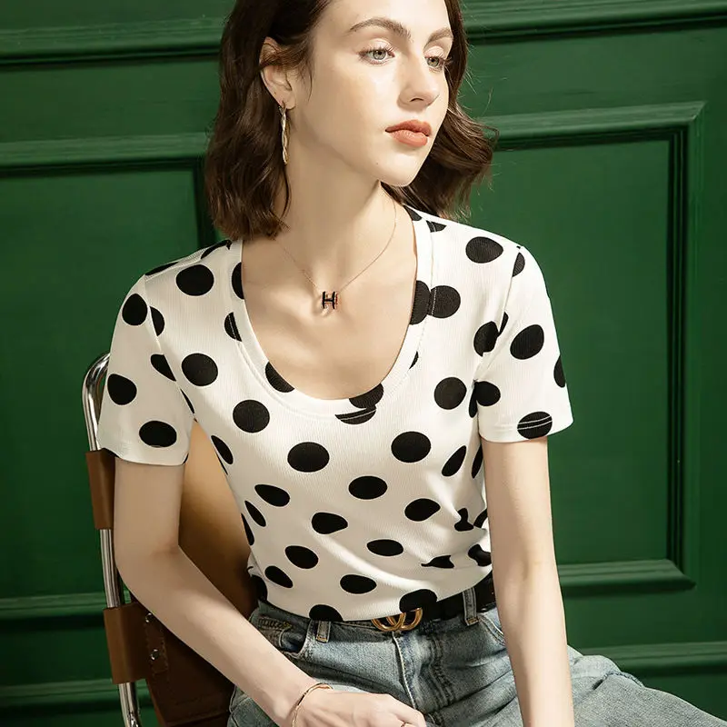 New Arrival (M-3XL) French Women's Polka Dot Spoon Collar T-Shirt Short Sleeve Casual Summer Tops Hot Selling Fashion T-Shirts