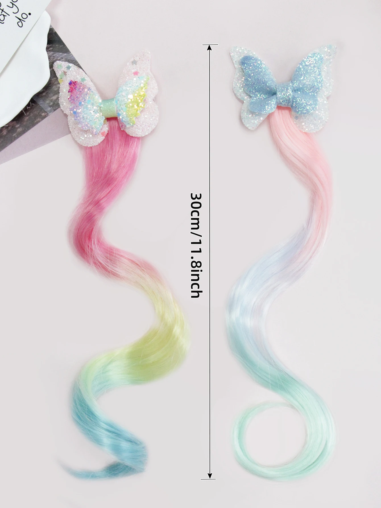 وصلة شعر لامعة على شكل فيونكة ملونة متدرجة، حزمة شعر صناعية، مشبك شعر على شكل فراشة لامعة مع خصلات شعر مرفقة