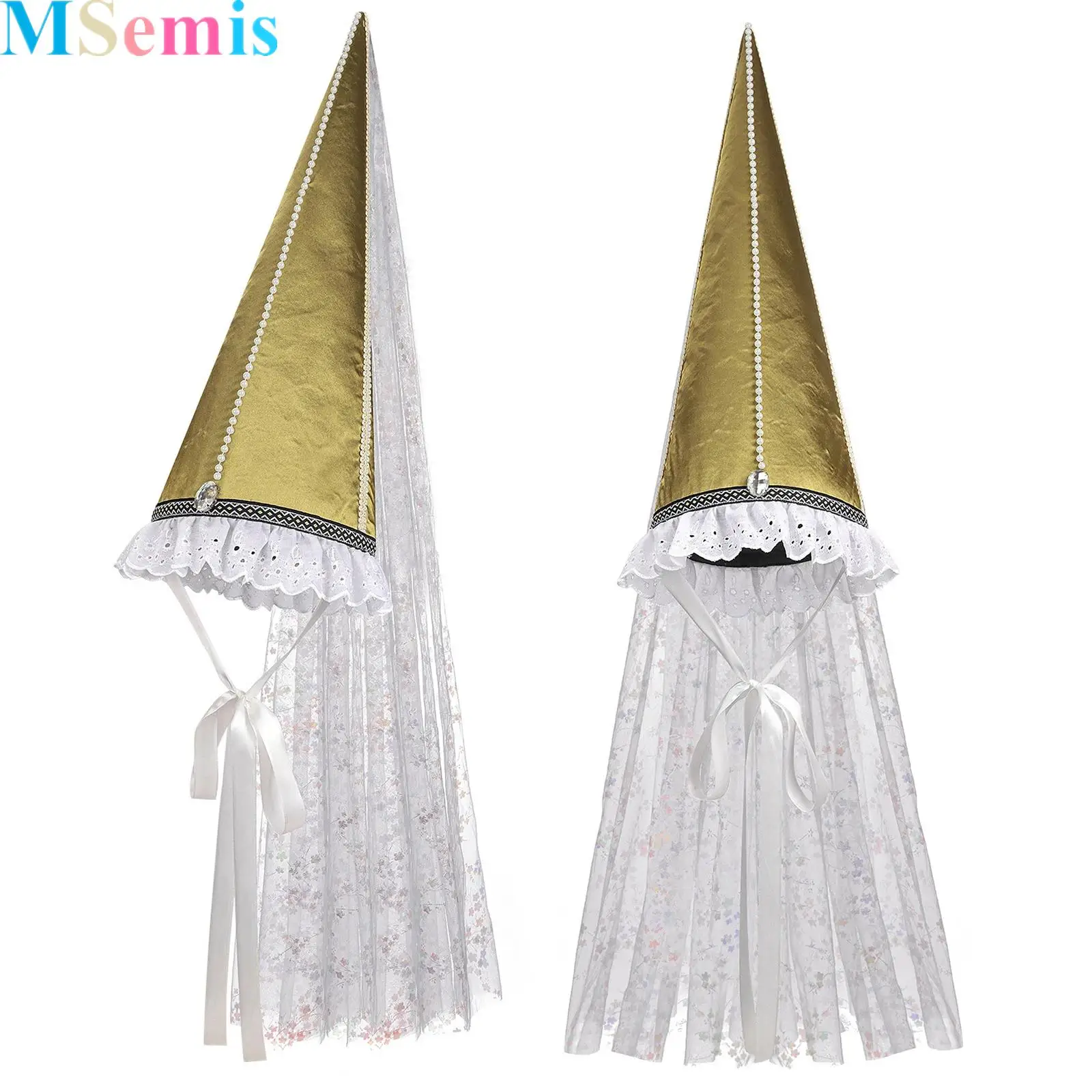 

Womens Medieval Renaissance Hat with Veil Cone Pointy Hat Lace Trim Faux Pearls Decor Hat for Halloween Renaissance Party