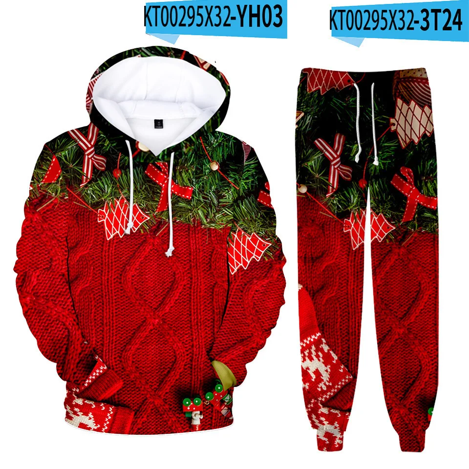 3D Print Hoodie Sets For Men Women Christmas Deer Santa Claus Tracksuit Pants 2Pcs Suits Oversized Kids Pullover Couple Clothing