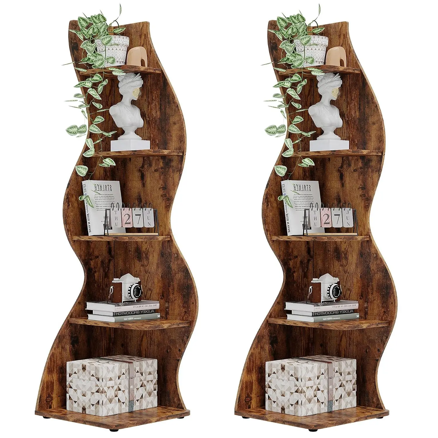 Rustic 5-Tier Corner Shelf Storage Rack Plant Stand for Living Room Home Office, Brown, 2PCS, Customized