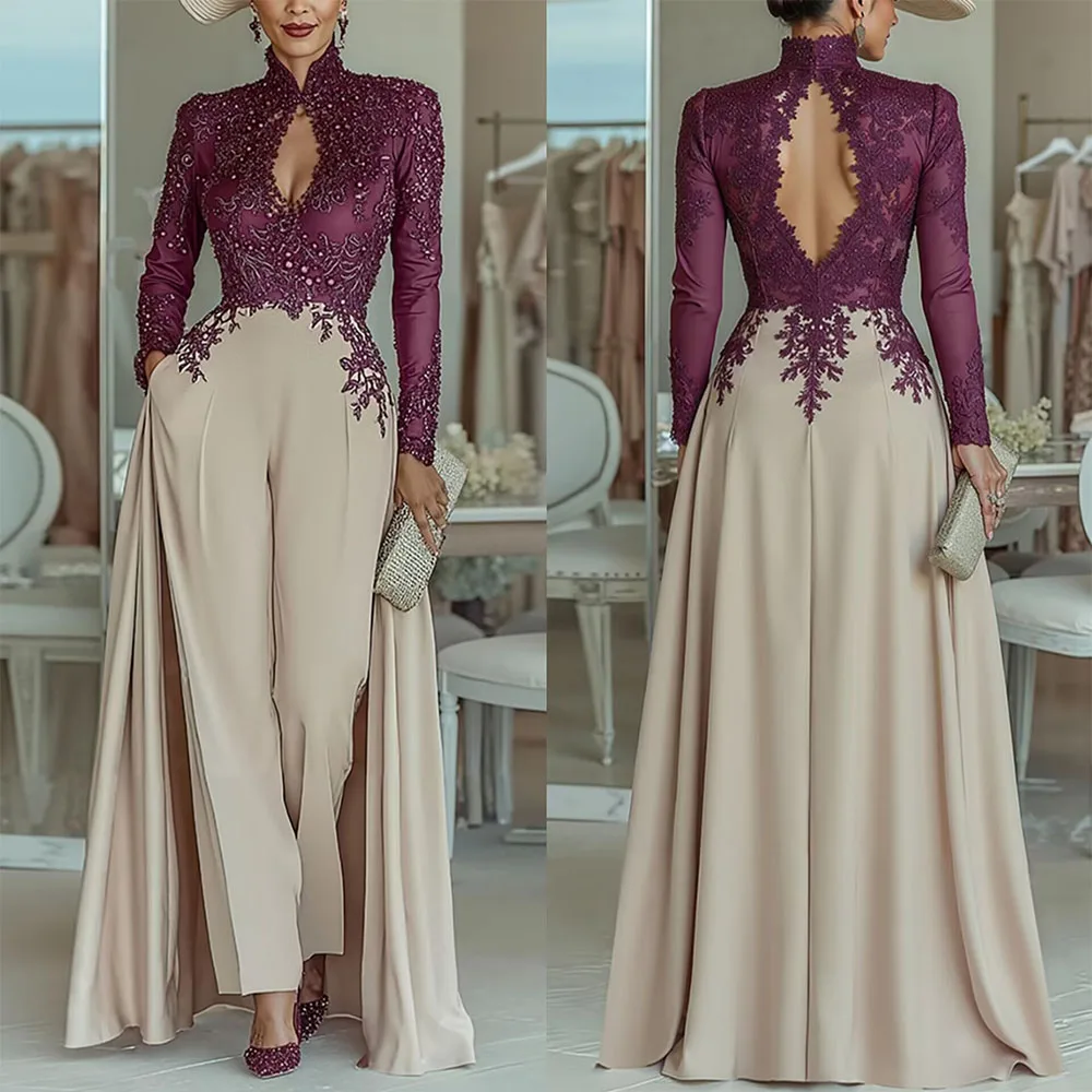 

Высококачественное вечернее платье с высоким воротником, длинными рукавами, фиолетовыми кружевными аппликациями, для гостей на свадьбу