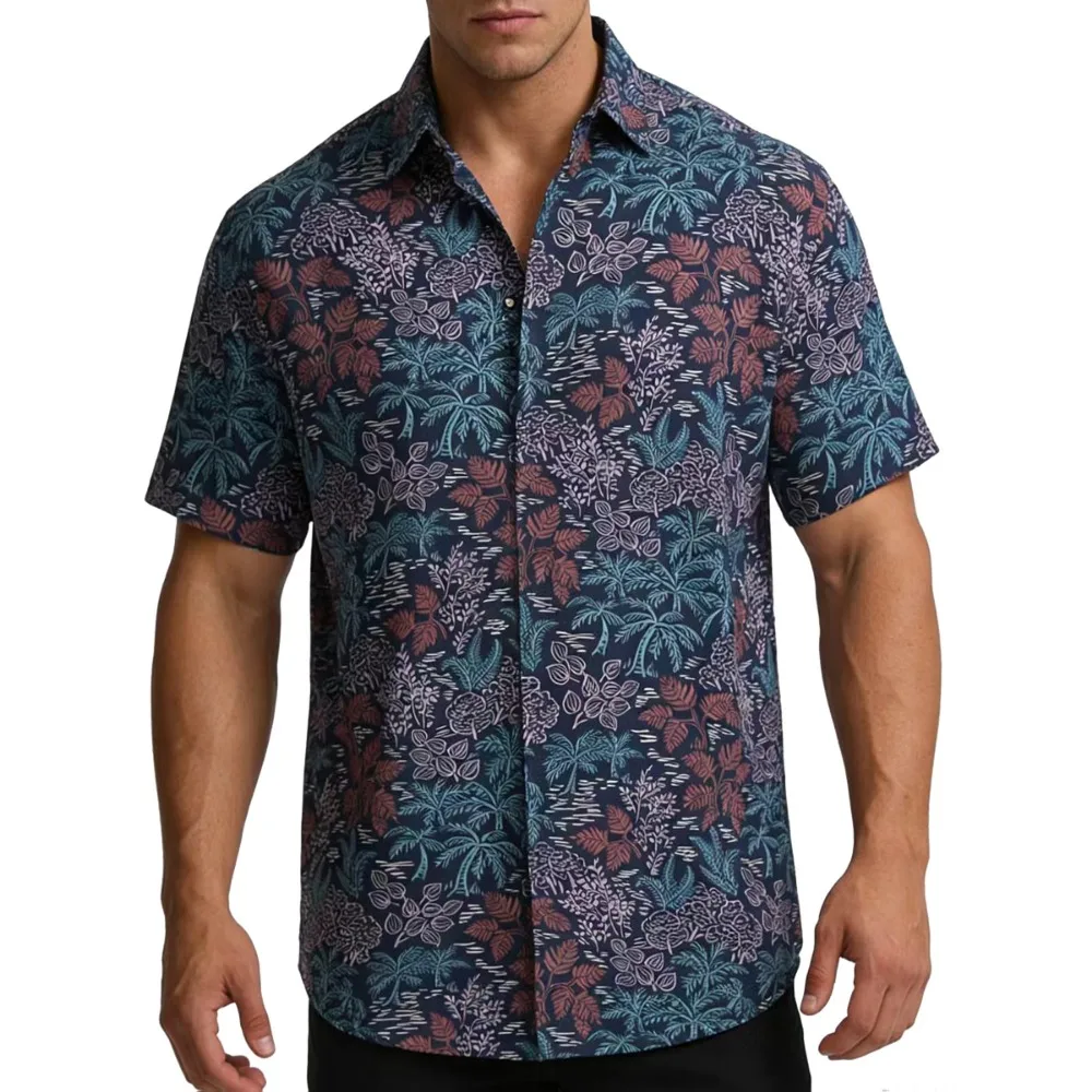 Retro Jungle Leaf Print Men Short Sleeve Shirt Versatile Washable Beach Holiday Loose Casual Tropical Vacation Tops
