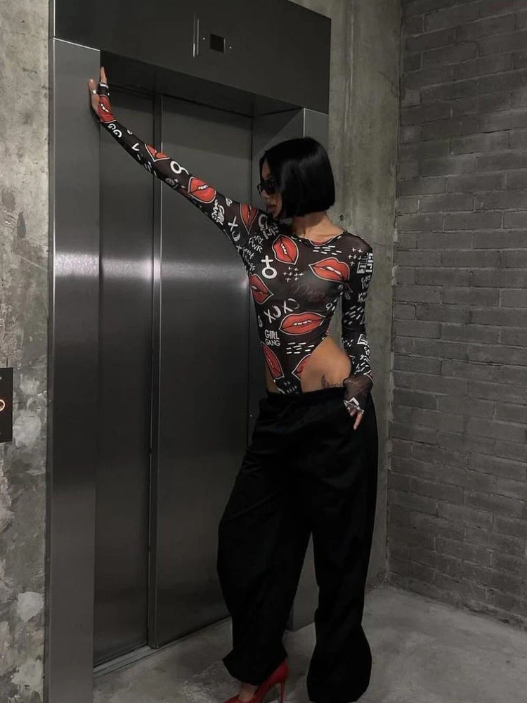 ملابس داخلية نسائية مثيرة ملابس ضيقة شفافة بأكمام طويلة بدلة قفز عصرية مطبوعة على الطراز القوطي ملابس خروج #6