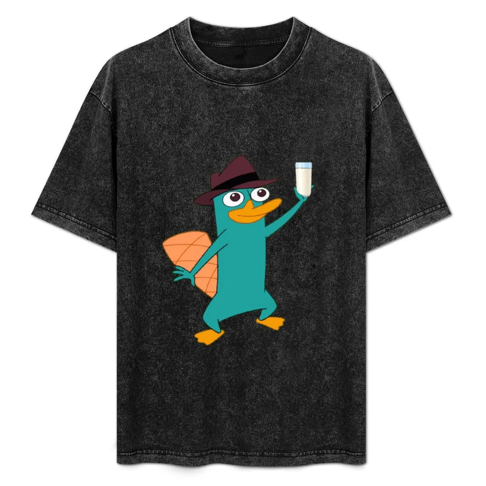 

perry the platypus with a glass of milk T-Shirt Casual Trendy Short Sleeve T-Shirt