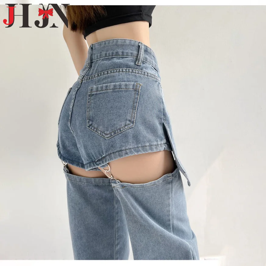 JHJN Spicy Girl High-Quality Jeans High-Waist Wide-Leg Pants Retro Denim Trousers Hip Hop Removable Two Ways To Wear Britches