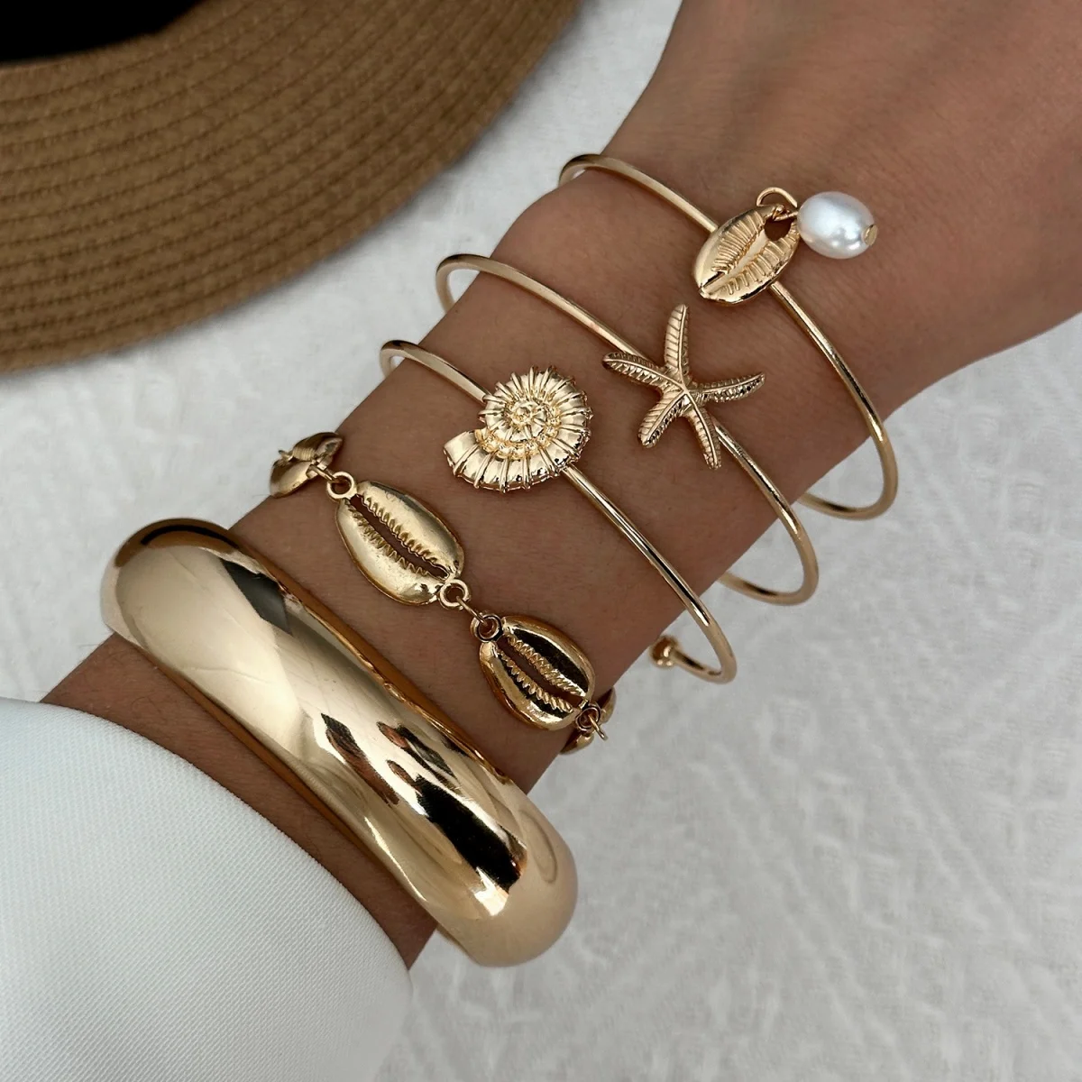 Böhmisches Mehrschichtiges Seestern-Muschel-Armreif-Set für Damen und Herren, Sommer-Strand-Urlaub, klobiger Armreif, Party-Schmuck – Detail 12