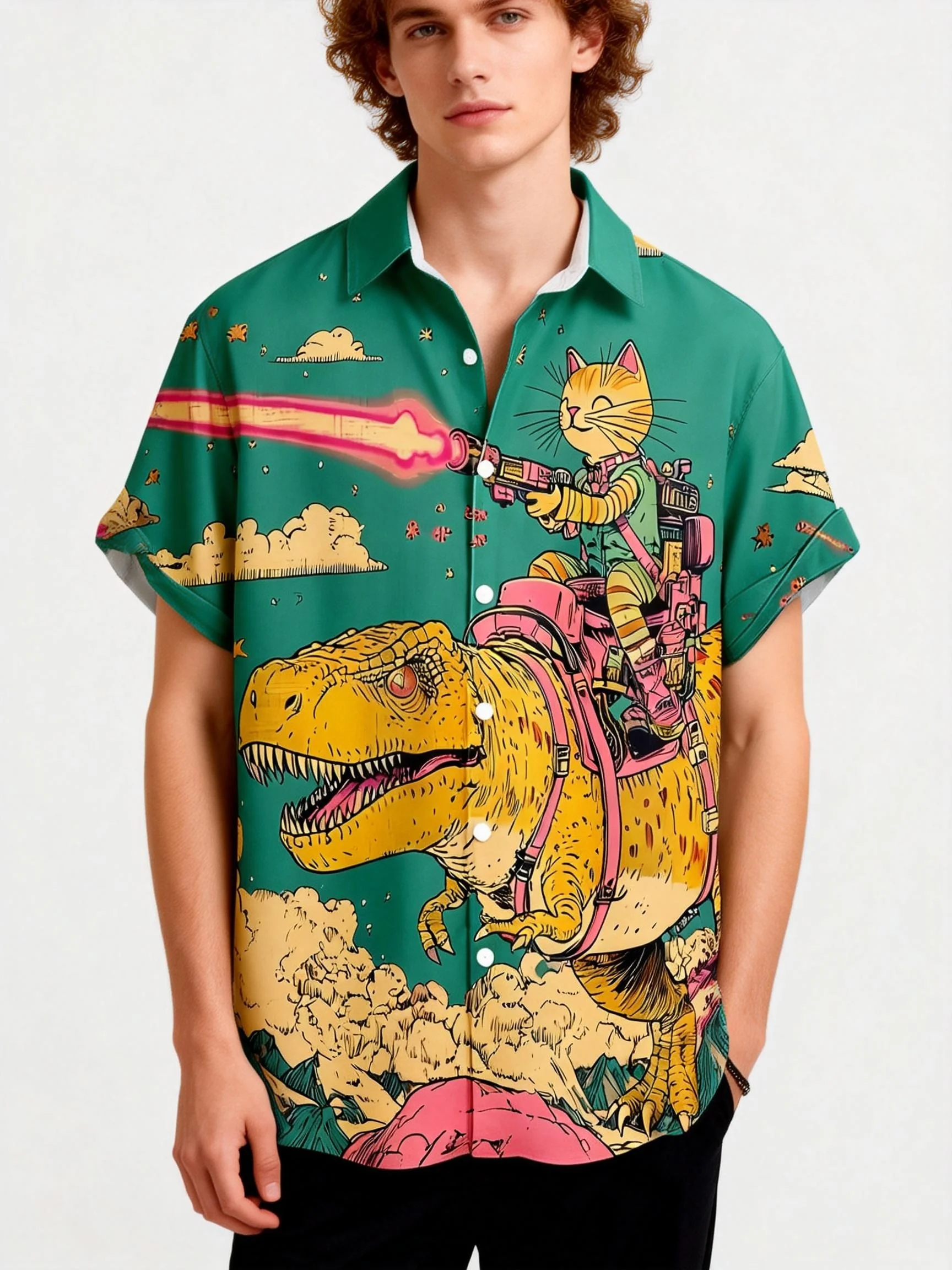 Men's Funny Cat Dinosaur Print Short Sleeve Shirt Casual Hawaiian Style Button Down Shirts For Men Beach Vacation Streetwear
