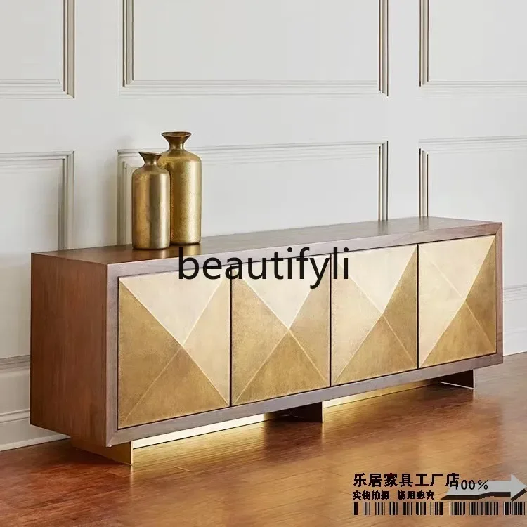 A139  American retro floor cabinet light luxury stainless steel TV solid wood living room audio-visual cabinet customization