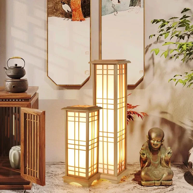 Wooden Floor Lamp with Shoji Grid for Living Room Bedroom Decor