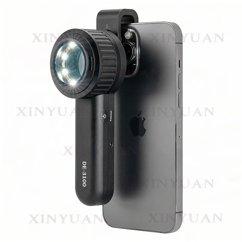 DE-3100 Electric Handheld Skin Mirror, Polarized Amber Light 10x Magnification, Aluminum Optical Glass Lens