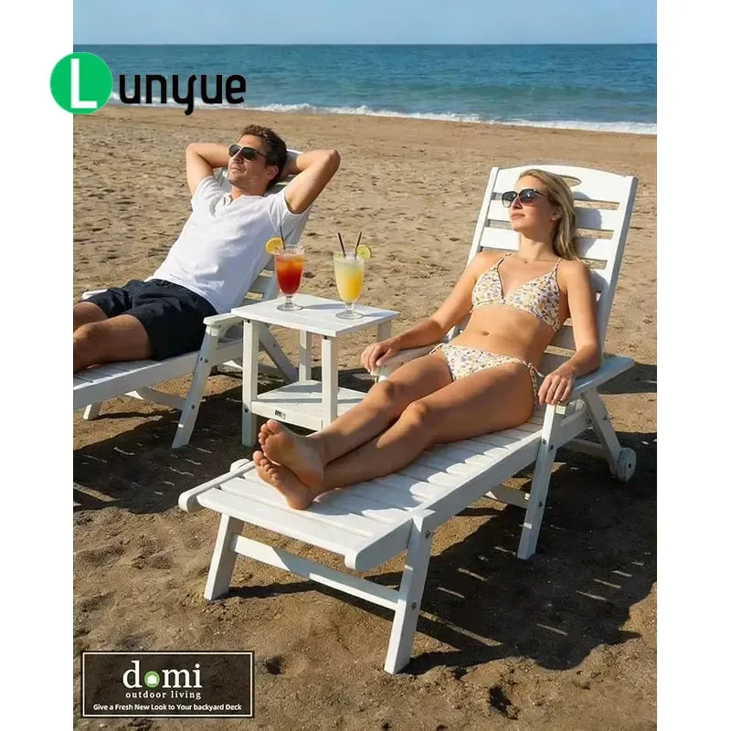 2 Piece Pool Lounge Chair Set with Table HDPE Outdoor Sun Lounger for Terrace Patio Sunbathing White Weather Resistant