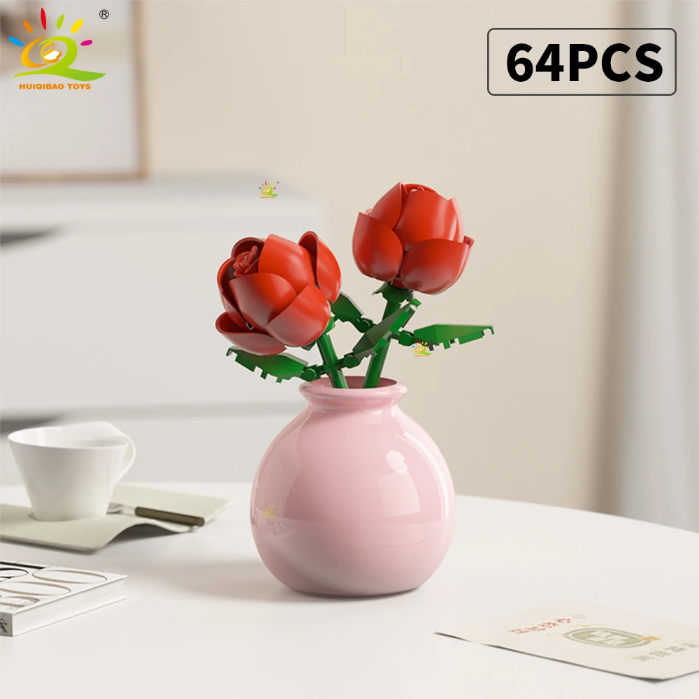 HUIQIBAO MOC زهرة مع زهرية نموذج بنة لتقوم بها بنفسك باقة أبدية مكتب منزلي مكتب النبات ديكور الطوب فتاة هدية ألعاب أطفال
