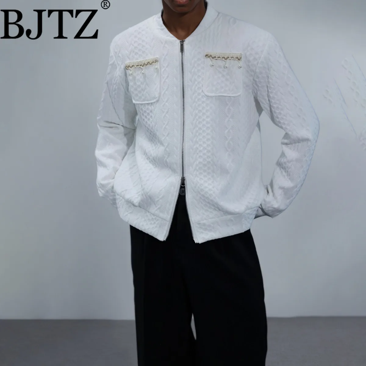 

BJTZ Women’s Embossed Pocket Pearl Decorated Jacket 2025 New Arrival Designer Oversized Street Style Autumn Fall Casual Chic