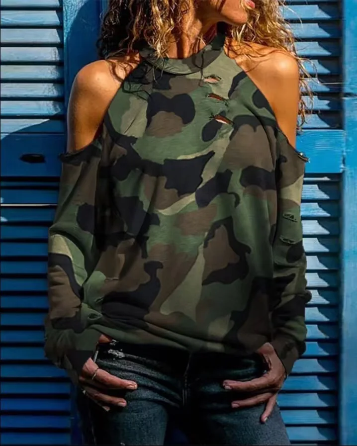 

Europe And The United States Women's New Trend Broken Shoulder Hanging Neck Long Sleeve Camouflage T-shirt Personality Blouse