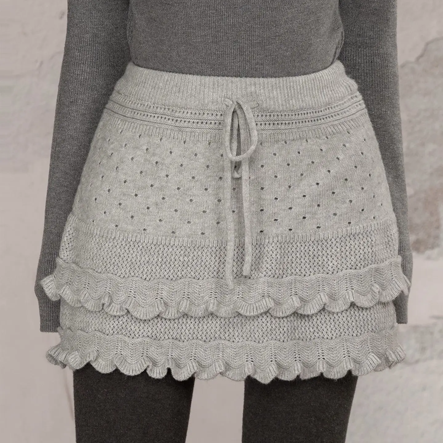 HANYAYA Knit Spliced Ruffled Edge Drawstring Skirt Sweet Women Autumn Winter New High Waist Slimming Tiered Cake Mini Skirts