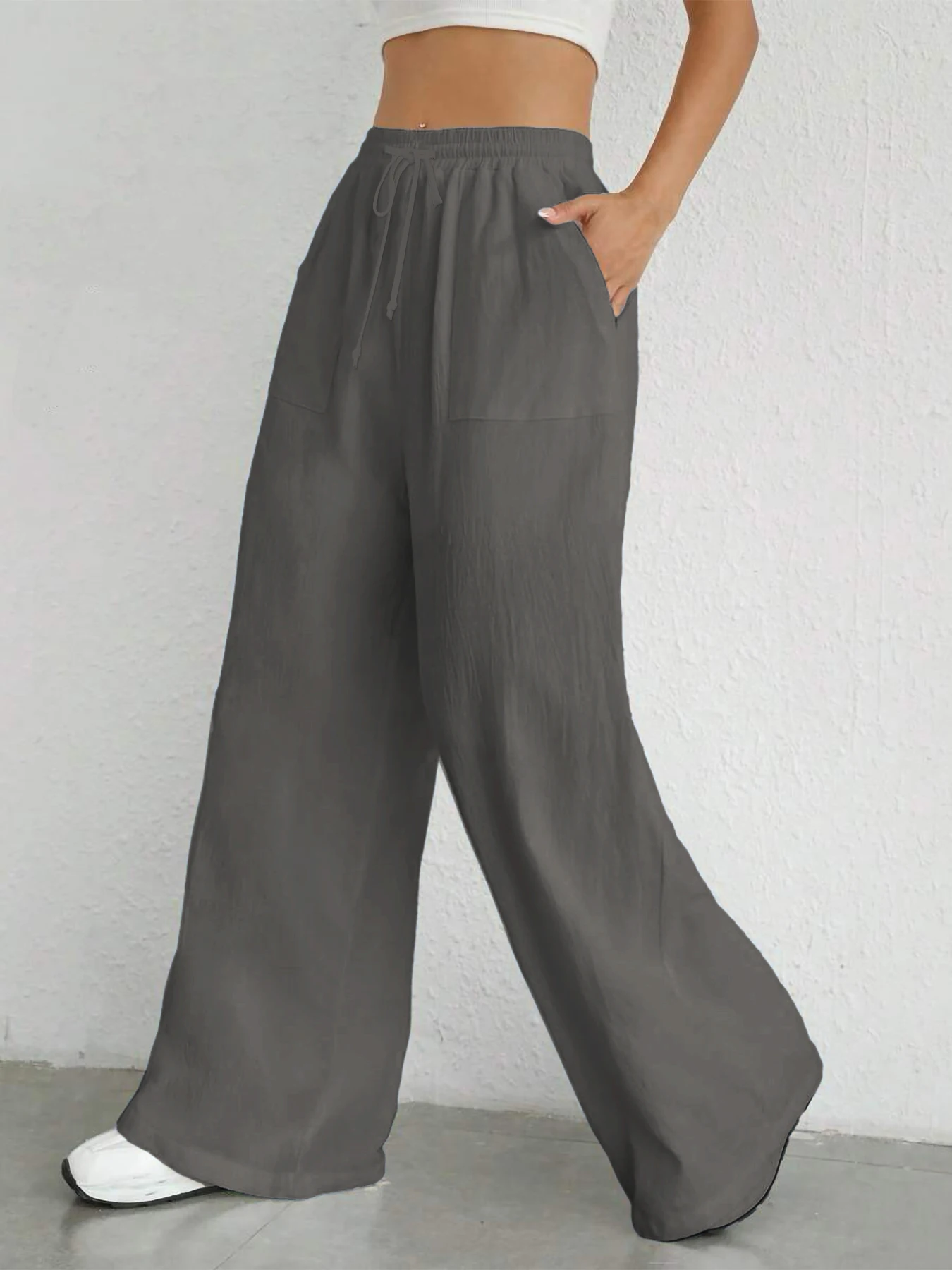 Damen-Hose in Unifarbe, lockere Hose mit weitem Bein, lässige Hose mit Kordelzug, gerade Hose mit Taschen, lässige Hose, lockere Hose mit hoher Taille – Detail 18