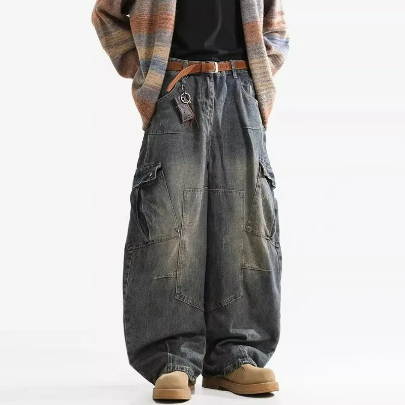 KIDWHXR Herren Cargo-Hose Vintage High Street Kontrastfarben Gewaschene Denim-Hose Retro Loose Fit Mittlere Taille Taschen Herrenhose – Detail 4