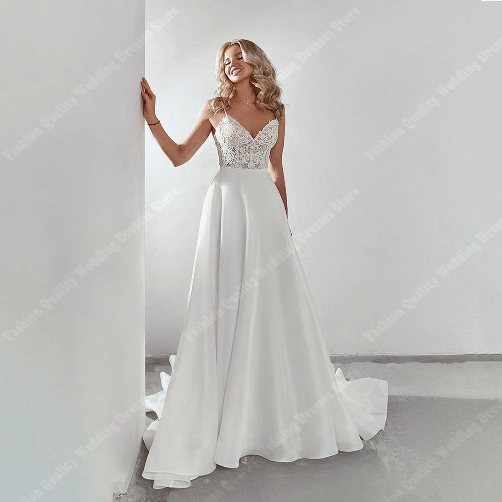 

Elegant Sleeveless Women Wedding Dresses Shining A-Line Bridal Gowns V-Neck Mopping Length Celebrity Banquet Vestidos De Novia