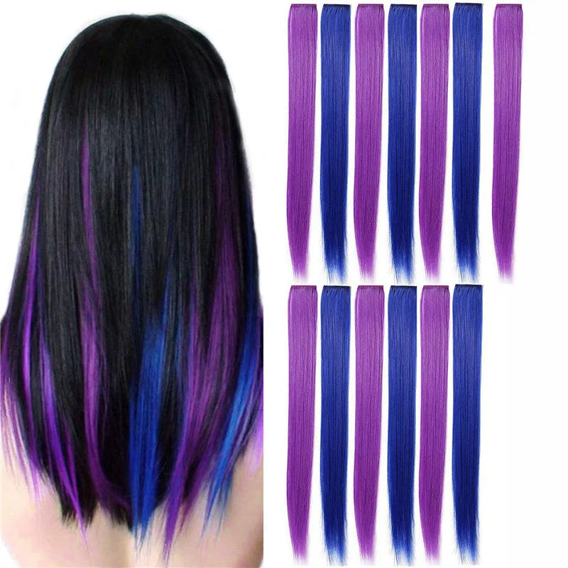 

BABZ-39 Pcs Colored Party Highlights Colorful Clip In Hair Extensions 55Cm Straight Synthetic Hairpieces, Purple + Blue