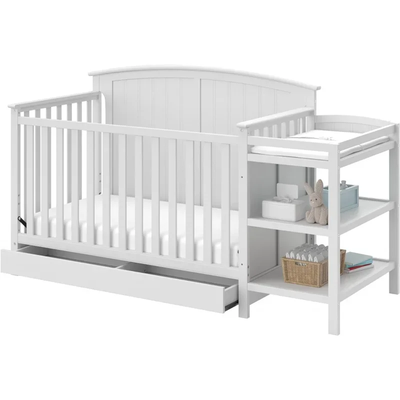 Steveston 5-in-1 Convertible Crib and Changer with Drawer (White) – GREENGUARD Gold Certified, Crib and Changing Table Combo wi