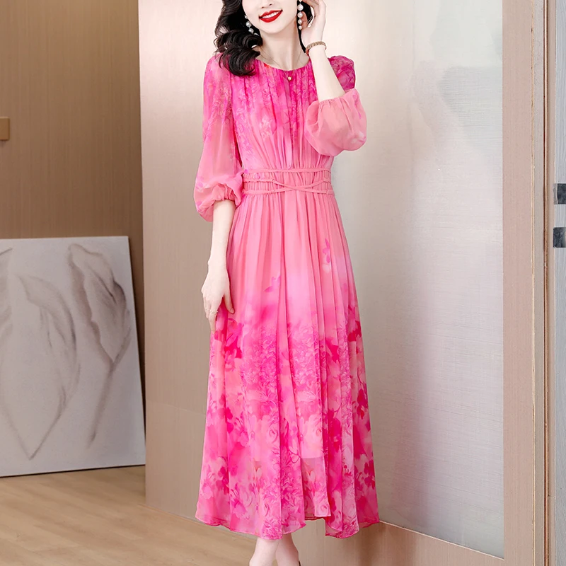 Women Pink Print Mulberry Silk Midi Dress Summer Korean Vintage Casual Party Vestidos 2024 New Elegant Loose Plus Size Dresses