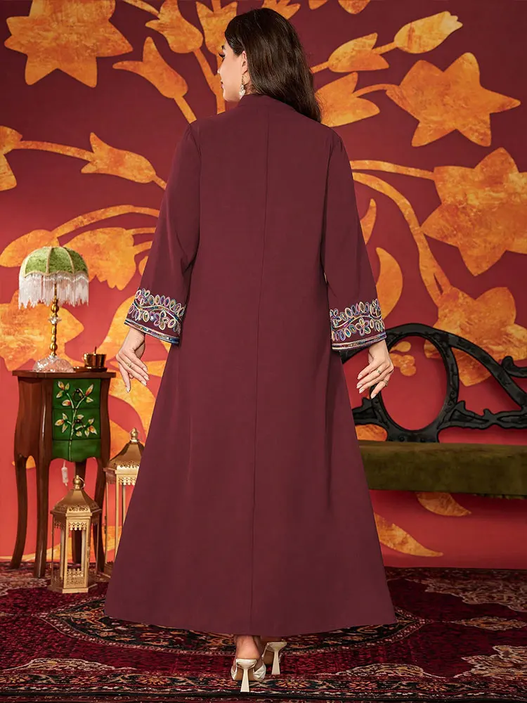 TOLEEN Damen-Kleid in Übergröße mit V-Ausschnitt und langen Ärmeln, elegantes und locker sitzendes, besticktes Kleid für den täglichen Freizeitgebrauch – Detail 6