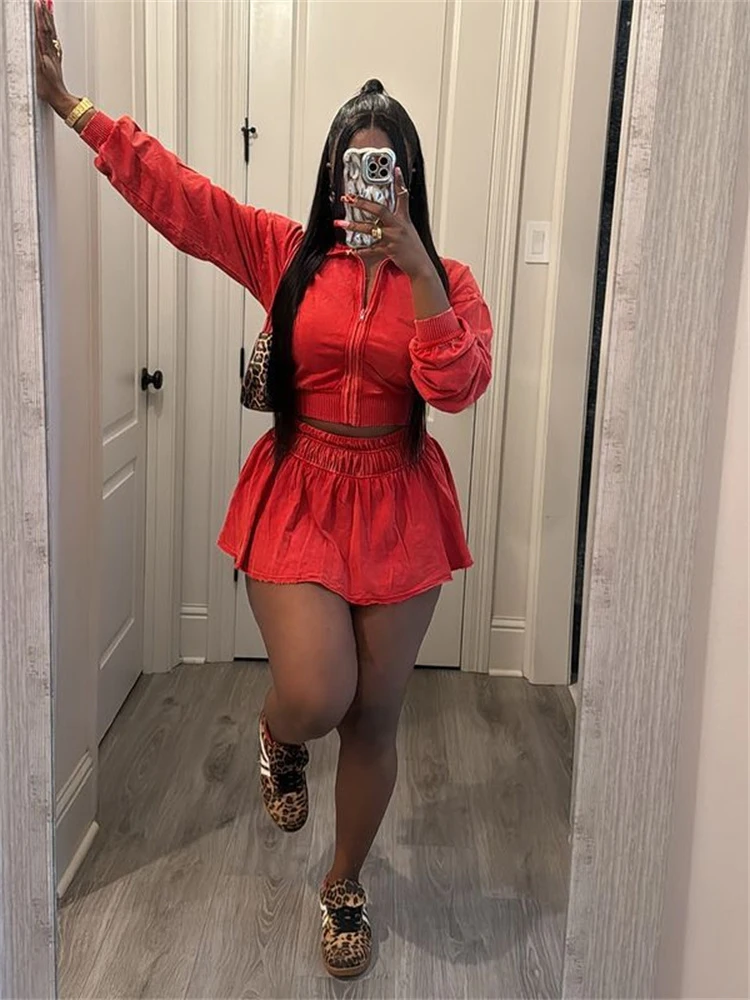 Kliou Distressed Style 2 Piece 세트 여성 전체 소매 카디건 크롭 재킷 + 탄성 허리 미니 스커트 핫티 스트리트 패션 슈트