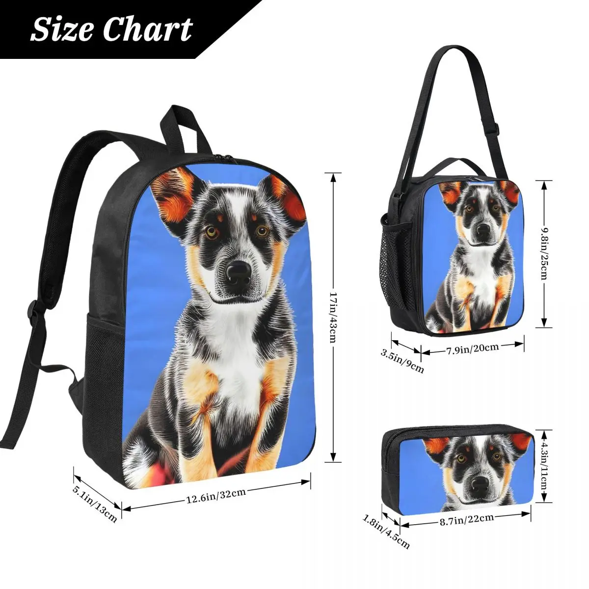 Cute Australian Cattle Dog Puppy Backpack Student BookBag School Bag Computer Shoulder Bags 3ps Insulated Lunch Bag Pencil Case
