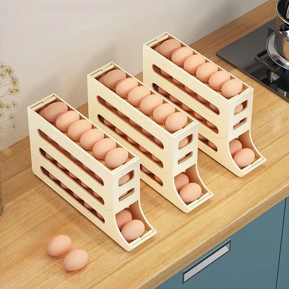 4 Layers Automatic Rolling Egg Holder Rack Fridge Eggs Storage Box Container Kitchen Refrigerator Egg Dispenser Fridge Organizer