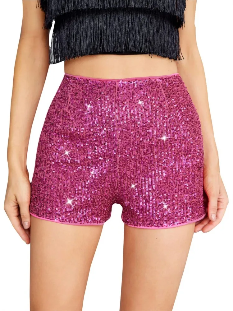 Summer Trendy Sequins Shorts Women Mid Waist Elastic Straight Leg Glitter Short Pants For Party Club Sparkly Streetwear