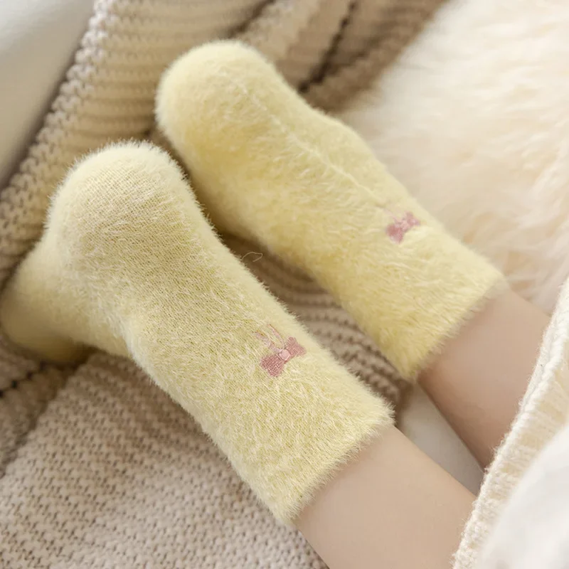 Embroidery Bow Plush Women Socks Winter Warm Sleep Mink Fur Floor Socks Girls Mid Tube Stockings Indoor Thermal Slipper Footwear