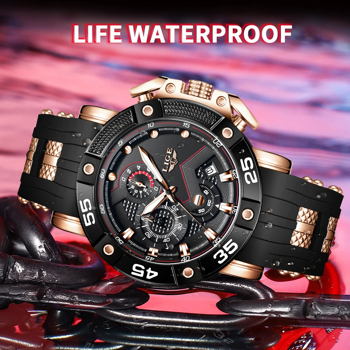 LIGE Mens Watches Top Brand Luxury Big Dial Watch Men Silicone Military Sports Waterproof Quartz Watch For Men Relogio Masculino