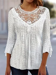 Plus Size Women's Casual Solid Contrast Lace Eyelet Embroidery Round Neck T-shirt