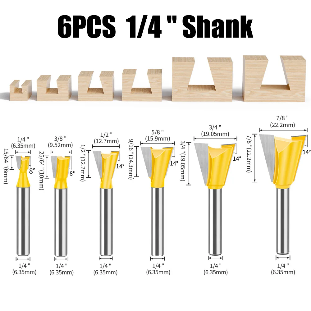 6/6.35mm Shank Dovetail Joint Router Bits Set 14 Degree Milling Cutter for Wood End Mill CNC Carpentry Tools 1/4” 1/8” 5/8” 3/4”