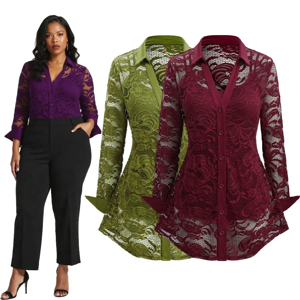 بلوزة ROSEGAL مقاس كبير للسيدات من الدانتيل الشفاف بأزرار أمامية وأكمام طويلة ومجموعة كامي توينسيت، متعددة الألوان اختر بلوزة غير رسمية #1