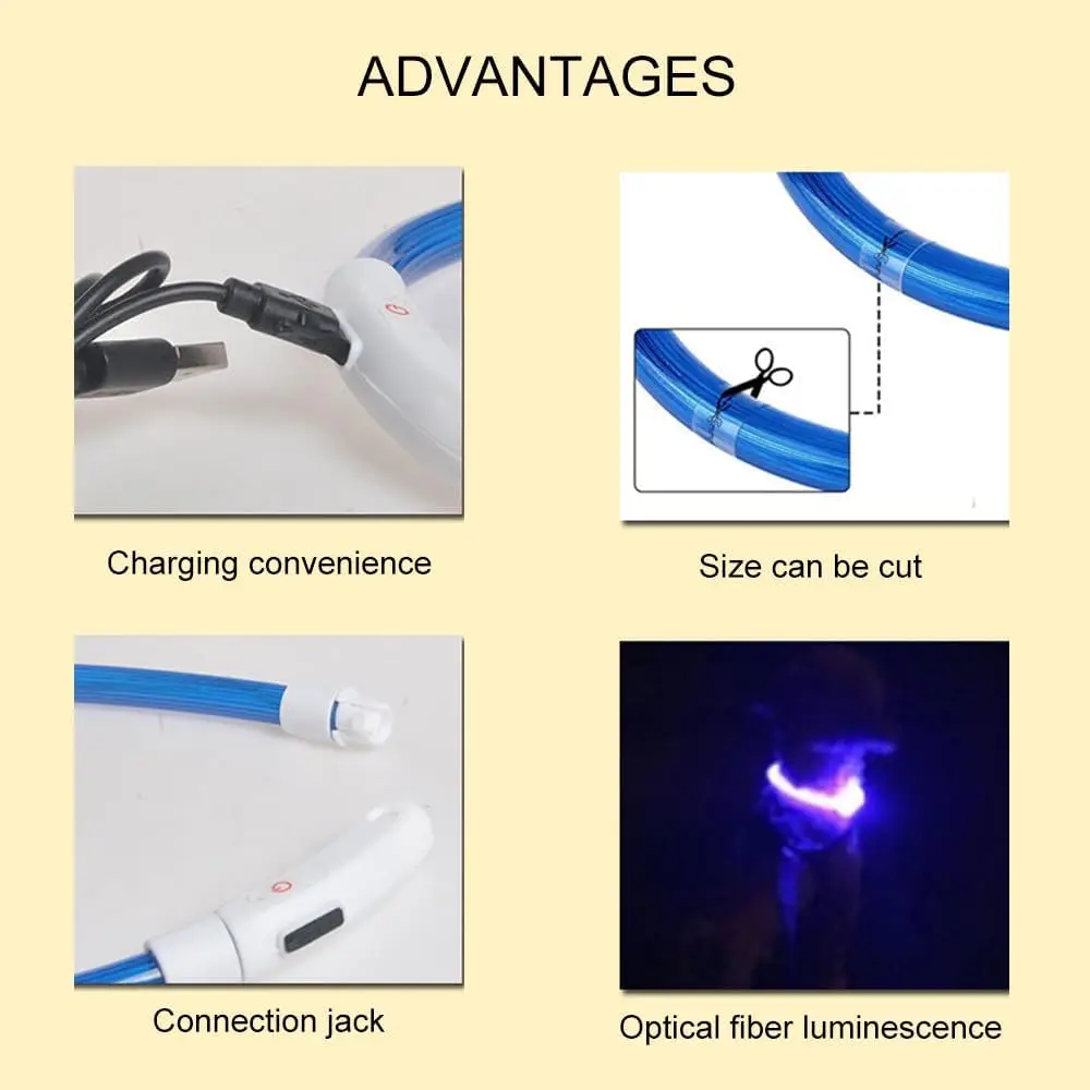 متعدد الألوان PVC LED الألياف البصرية طوق بكلاب USB قابلة للشحن ضوء السلامة الليلية 40/50/70 سنتيمتر الأحجام المتاحة طوق الحيوانات الأليفة 1 قطعة