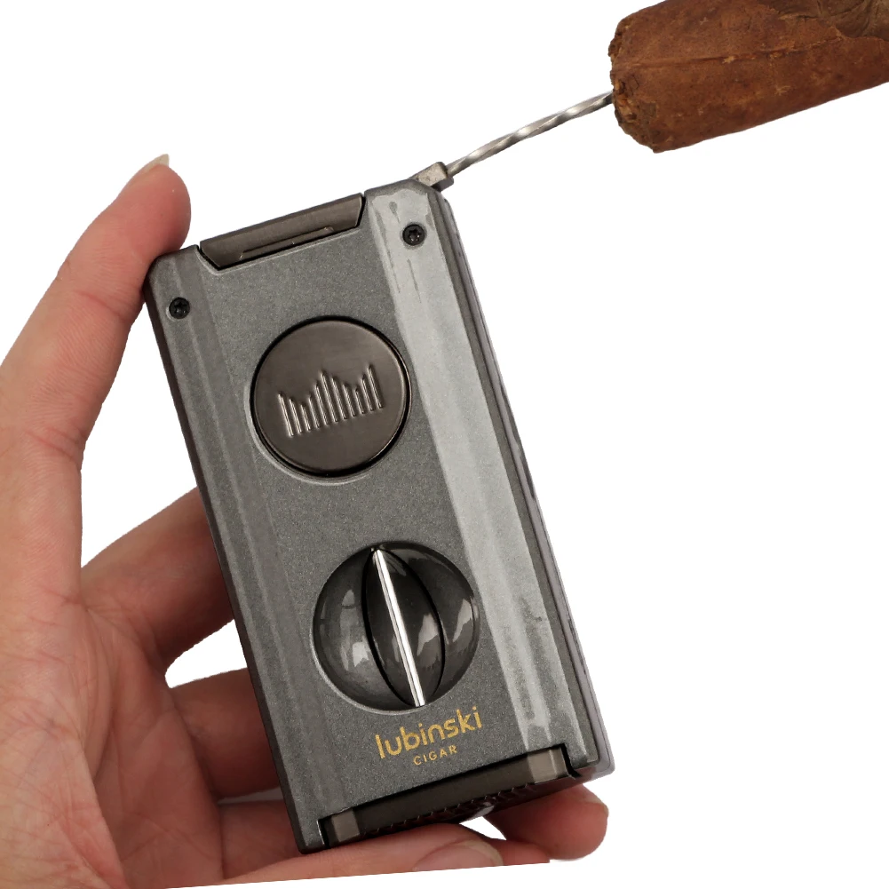 LUBINSKI Fire Torch Lighter Cigar V Cutter Punch Metal Butane Gas Cigar Lighters With Needles Dredge Cigar