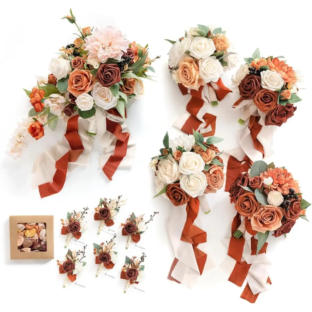 

Свадебные искусственные цветы в наборе: букет невесты, букеты для подружек невесты, бутоньерка для мужчин, лепестки роз. Терракотово-оранжевый цвет.