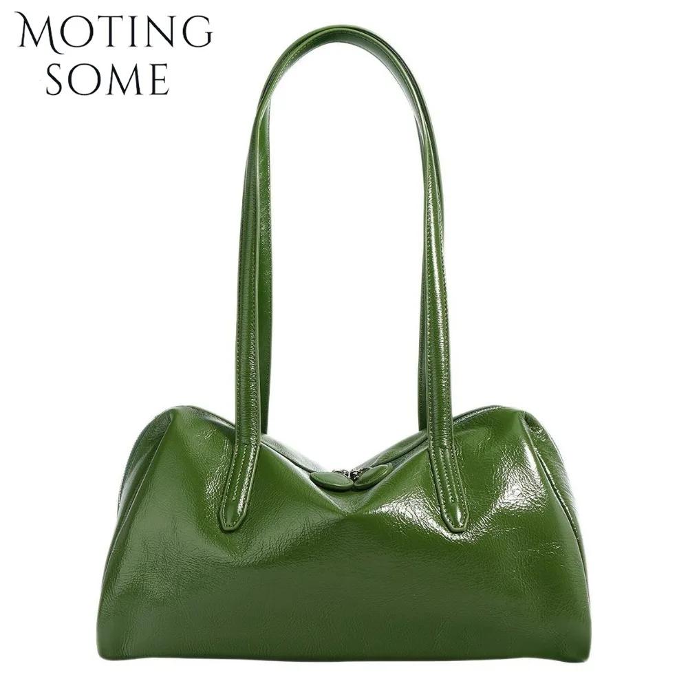 Motingsome Green Bags Retro Women Bag Luxury Oil Wax Cowhide Leather Handbag Vintage Boston Pillow Purses Lady Daily Purses 2024