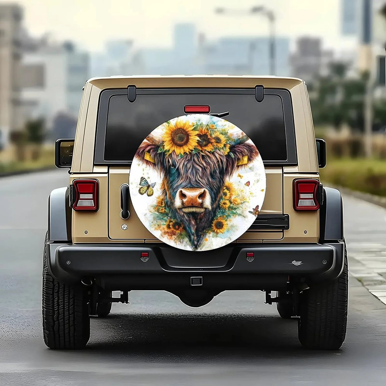 Single Piece Tire Cover Featuring A Cow Design With Sunflowers, Stylish And Universal Fit For Wheel Protection, Compatible With